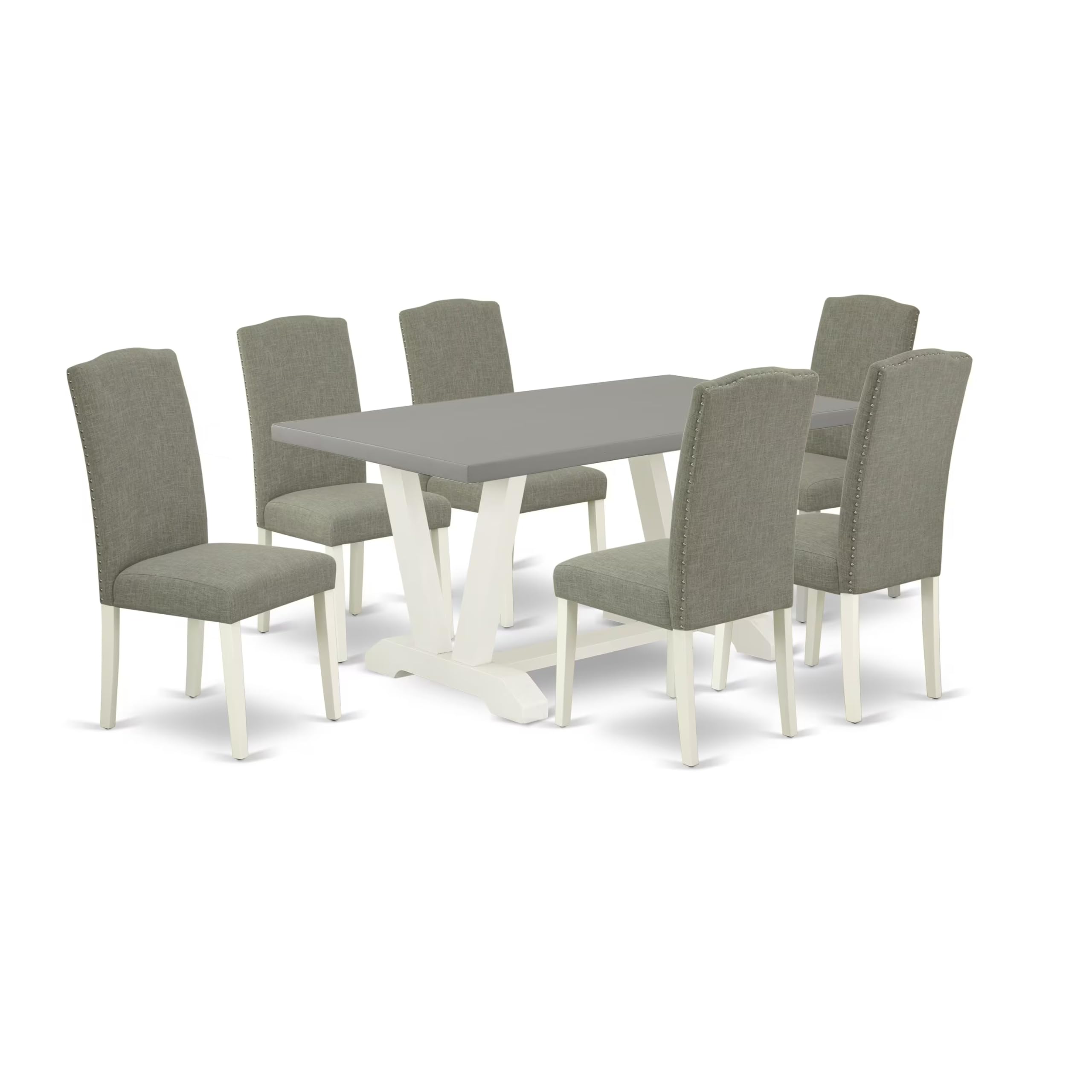East West Furniture V096En206-7 7 Piece Dining Table Set Consist Of A Rectangle Dining Room Table With V-Legs And 6 Dark Shitake Linen Fabric Parsons Chairs, 36X60 Inch, Multi-Color